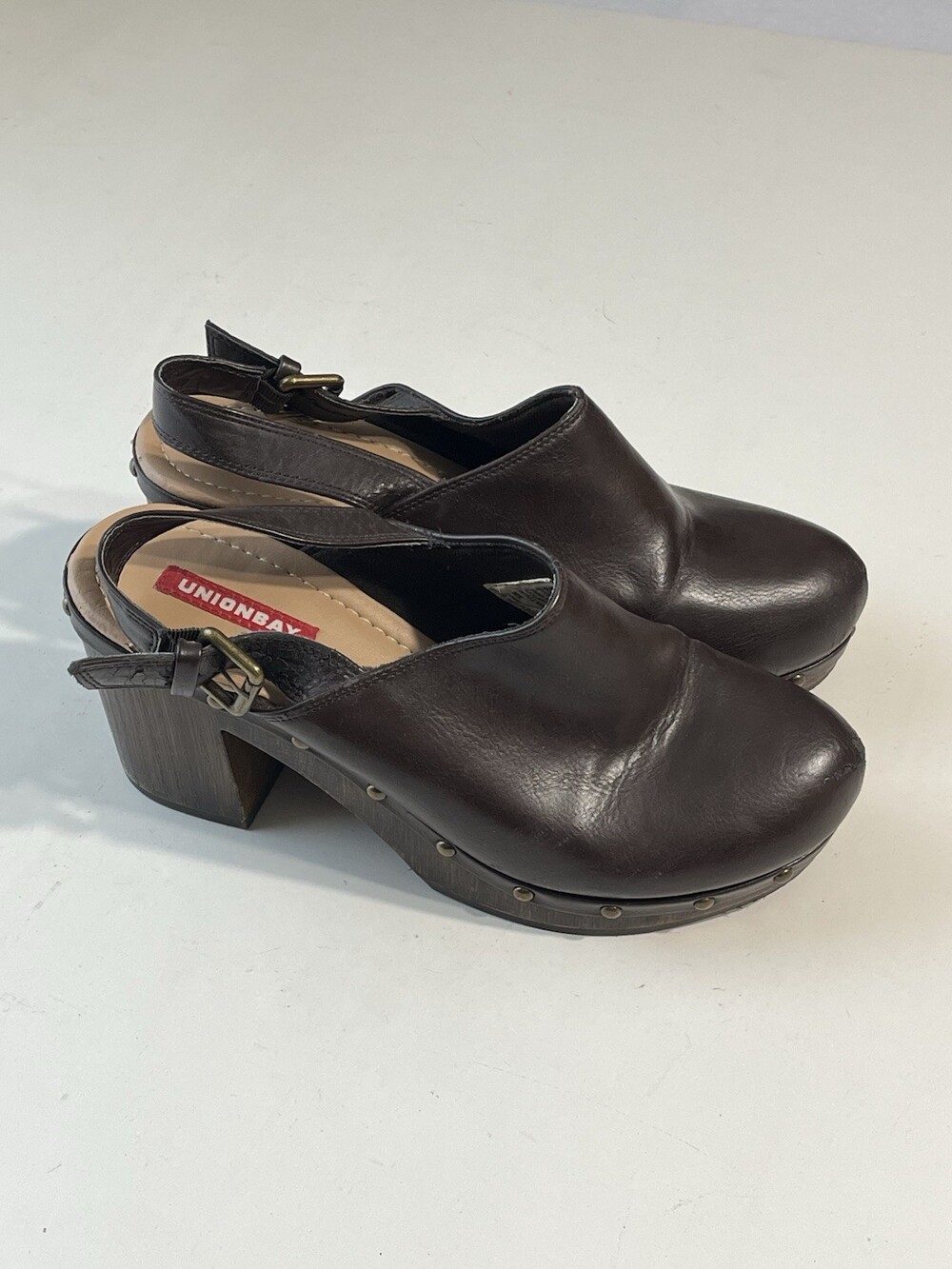 Unionbay Clog Mules Brown Womens 10 Vintage Y2K Wooden Platform Slingback Heel